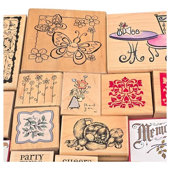 Vtg Wooden Rubber Stamp Lot of 60 Mixed Crafts Floral Sentiments & Decorative - Picture 3 of 16